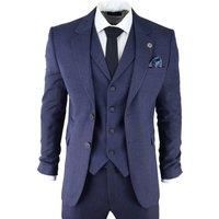Mens Navy Blue 3 Piece Tweed Herringbone Suit Peaky Blinders Classic Tailored