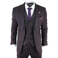 Mens Purple Plum 3 Piece Tweed Herringbone Suit Peaky Blinders Classic Tailored