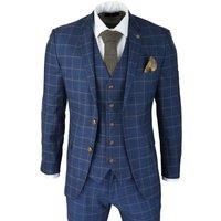 Mens 3 Piece Blue Orange Check Suit Retro Smart Tailored Fit Vintage - Blue 42