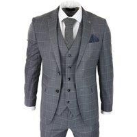 Mens Grey Check 3 Piece Suit Vintage Retro Smart Wedding Classic Tailored Fit Light - Grey 38