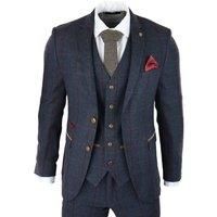 Mens Herringbone Tweed 3 Piece Navy Red Check Suit Vintage 1920s Tailored Fit - Navy 48