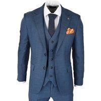 Mens 3 Piece Prince Of Wales Check Suit Blue Classic Light Tailored Fit Modern