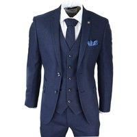 Mens Navy Blue 3 Piece Suit Birdseye Suit Wedding Prom Formal Smart Classic