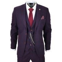 TruClothing Men's 3 Piece Suit Wool Tweed Herringbone in Purple | Size: 46R
