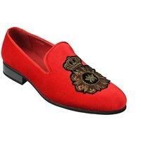 Xposed Mens Velvet Loafers Bee & Crown Embroidered Motif Vintage Dress Shoes Slip on Slippers (Red, Numeric_8)