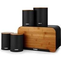 Tower T826140BLK Scandi 5 Piece Acacia Wood Storage Set with Bread Bin, Biscuit Barrel, Canisters, Black