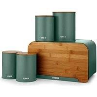 Tower T826140JDE Scandi 5 Piece Acacia Wood Storage Set with Bread Bin, Biscuit Barrel, Canisters, Jade