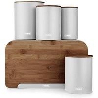 Tower T826141DGRY Scandi 5 Piece Storage Set with Bread Bin, Biscuit Barrel, 3 Canisters for Tea, Coffee, Sugar and Other Loose Ingredients, Durable Iron Body and Anti-Slip Base (Bread Bin), Dove Grey