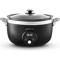 GF16010 Good Food in partnership with Tower 3.5L Digital Slow Cooker with 3 Heat Settings, Delay Function & Timer, Removable Aluminium Pot, Tempered Glass Lid, Black with Stainless Steel Accents