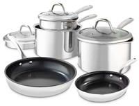 GF900276 Good Food in Partnership with Tower Tri-Ply 5 Piece Cookware Set with 16cm, 18cm & 20cm Saucepans with Tempered Glass Lids, 20cm & 28cm Frying Pans, Stainless Steel