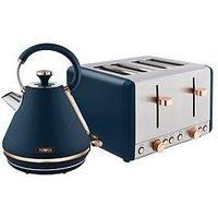 Tower Cavaletto Kitchen Set, 1.7L Rapid Boil Kettle & 4 Slice Toaster, Midnight Blue and Rose Gold, T10044MNB, T20051MNB