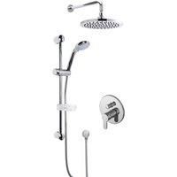 Nuie SBR16MV2 Bundle Modern Bathroom Concealed Manual Arvan Valve with Diverter, Curved Slide Rail Kit and Outlet Elbow, and Round Wall Mounted Arm and Fixed Shower Head, Chrome