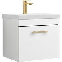 1 Drawer Wall Hung Vanity Basin Unit White Brushed Brass Handle 500mm