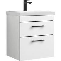 2 Drawer Wall Hung Vanity Basin Unit Gloss White Black Handles 500mm