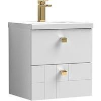 Wall Hung 2 Drawer Bathroom Vanity Basin Unit, White, Brass Handles