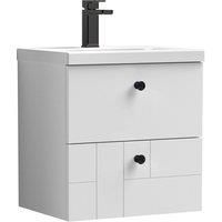 Wall Hung 2 Drawer Bathroom Vanity Basin Unit, White, Black Handles