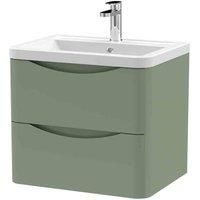 nuie Modern Bathroom Wall Hung 2 Drawer Vanity Unit & Ceramic Basin, 600mm, Satin Green