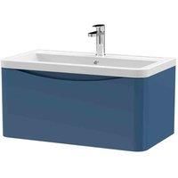 nuie LUN306A Lunar Modern Bathroom Wall Hung 1 Drawer Vanity Basin Unit & Ceramic Basin, 800mm, Satin Blue