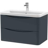 nuie Modern Bathroom Wall Hung 2 Drawer Vanity Unit & Ceramic Basin, 800mm, Satin Anthracite, Soft Black