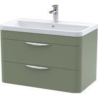 nuie 800mm Wall Hung 2 Drawer Vanity & Ceramic Basin - Satin Green