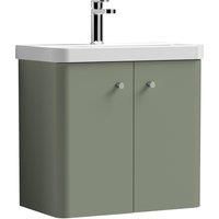 Nuie Core 600mm Wall Hung 2-Door Basin Vanity Unit Satin Green Bathroom Sink