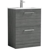 Nuie Arno Anthracite Woodgrain FS 2-Drawer Vanity Unit & Basin-2 - 600mm