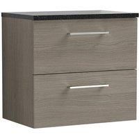 Nuie Arno WH 2-Drawer Vanity Unit & Black Worktop 600mm - Solace Oak Woodgrain