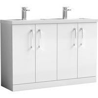 Nuie Arno 1200mm Floor Standing 4 Door Vanity & Double Polymarble Mid-Edge Basin Gloss White