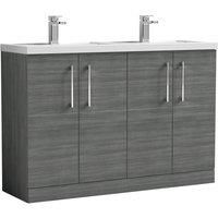 Nuie Arno 1200mm Floor Standing 4 Door Vanity & Double Polymarble Mid-Edge Basin Anthracite Woodgrain