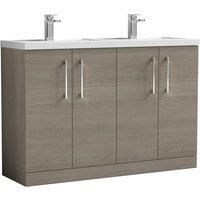 Nuie Arno 1200mm Floor Standing 4 Door Vanity & Double Polymarble Mid-Edge Basin Grey Vicenza Oak