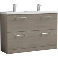 Nuie Arno 1200mm Floor Standing 4 Drawer Vanity & Double Polymarble Mid-Edge Basin Grey Vicenza Oak