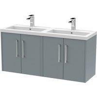 Hudson Reed Juno 1200mm Wall Hung 4 Door Vanity & Double Polymarble Basin - Coastal Grey