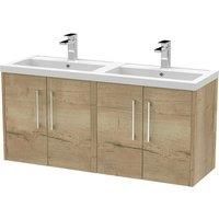 Hudson Reed Juno 1200mm Wall Hung 4 Door Vanity & Double Polymarble Basin - Autumn Oak