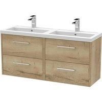 Hudson Reed Juno 1200mm Wall Hung 4 Drawer Vanity & Double Polymarble Basin - Autumn Oak