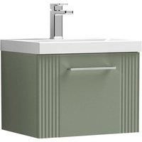 nuie Modern Bathroom Wall Hung 1 Drawer Part Fluted Vanity Unit with Thin-Edge Ceramic Basin, Satin Green, 500mm