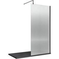 Diamond Fluted Wet Room Shower Screen 900mm with Support Bar - 8mm Black