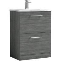 Nuie Arno Anthracite Woodgrain FS 2-Drawer Vanity Unit & Basin-4 - 600mm