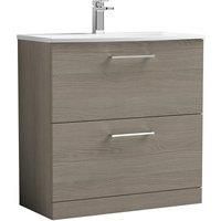 nuie ARN2535G Arno Modern Bathroom Floor Standing 2 Drawer Vanity Unit with Curved Ceramic Basin, Solace Oak