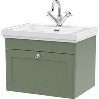 Nuie Classique 600mm Wall Hung 1-drawer Unit & Basin 1 Tap Hole - Satin Green