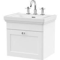 Nuie Classique 500mm Wall Hung 1-drawer Unit & Basin 3 Tap Holes - Satin White