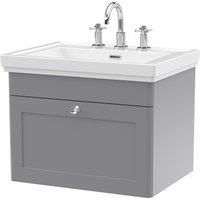 Nuie Classique 600mm Wall Hung 1-drawer Unit & Basin 3 Tap Holes - Satin Grey
