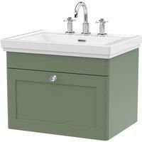 Nuie Classique 600mm Wall Hung 1-drawer Unit & Basin 3 Tap Holes - Satin Green