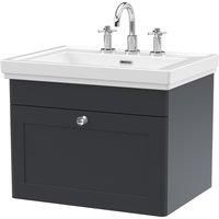 Nuie Classique 600mm Wall Hung 1-drawer Unit & Basin 3 Tap Holes - Satin Anthracite