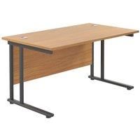 Office Hippo Heavy Duty Rectangular Cantilever Office Desk, Home Office Desk, Office Table, Integrated Cable Ports, PC Desk For Office or Home, 5 Yr Wty - Black Frame/Oak Top, 140cm x 80cm