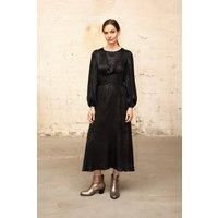 Avery Long Sleeve Tea Dress - Black, Metallic Pleat