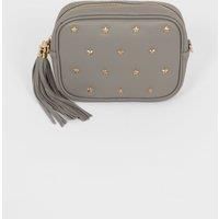Eloise - Italian Leather Star Studded Crossbody Bag - Grey, Pebbled