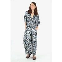 Jilly Deep V Jumpsuit - Blue, Abstract Ikat