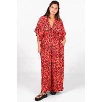 Abstract Print Flared Wide Leg Shirred Jumpsuit with a Deep V Neck in Black & Pink