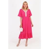 Midi Kaftan Dress Gold Rope Trim - Pink