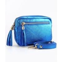 Fleur Italian Leather Small Crossbody Bag - Blue, Metallic